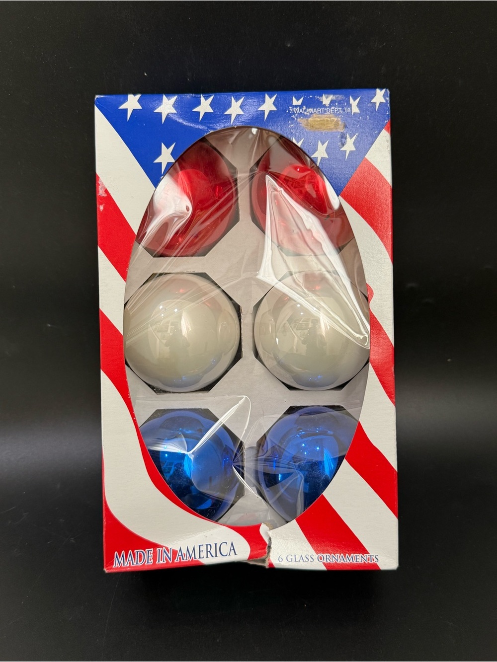 1 box (6pcs) Vintage Red White & Blue Mercury Glass Patriotic Ball Ornaments